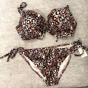 Shade & Shore 36 D push up top LG cheeky leopard adjustable tie waist bottoms.